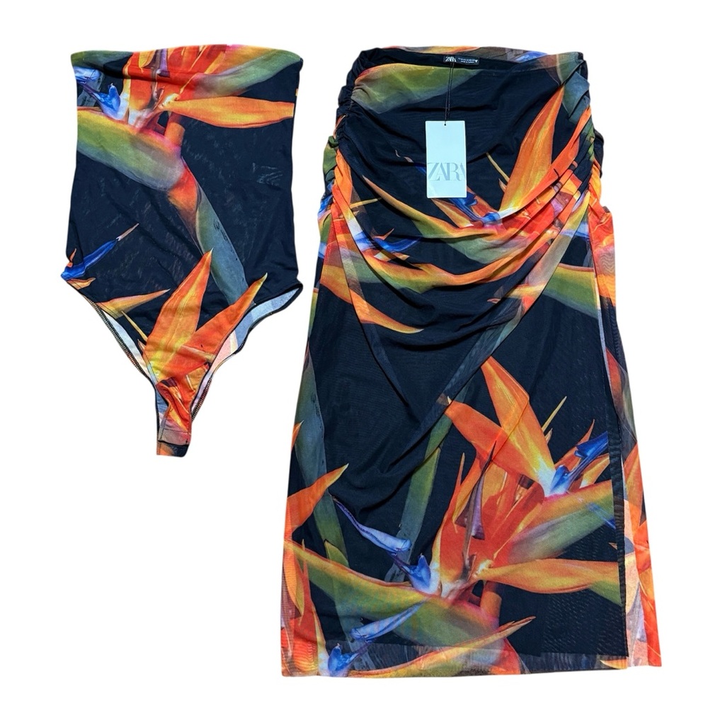 Zara Bird Of Paradise Mesh Tulle Bodysuit & High Waisted Ruched Skirt NWT Sz M